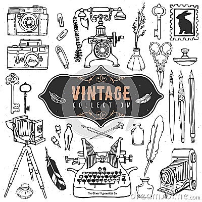 Vintage retro old things collection. Hand drawn Vector Illustration