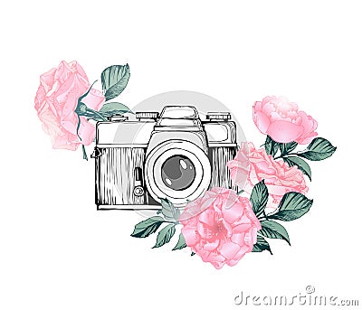 Vintage retro photo camera in flowers, leaves, branches on white background. Hand drawn Vector Cartoon Illustration