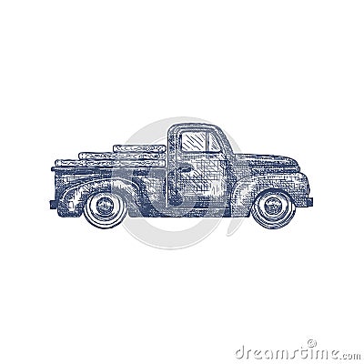 Vintage Retro Pickup Truck isolated on white Background. Vector Stock Photo