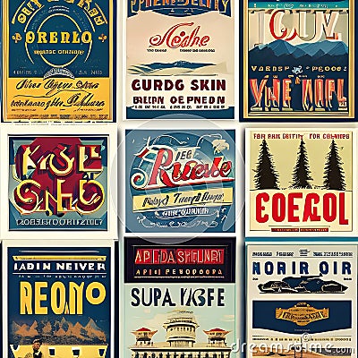 1878 Vintage Retro Posters: A retro and vintage-inspired background featuring vintage posters with retro illustrations, typograp Cartoon Illustration