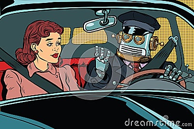 Vintage retro robot autopilot car, woman passenger Vector Illustration