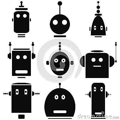 Vintage retro robots heads icons set in black and white Vector Illustration