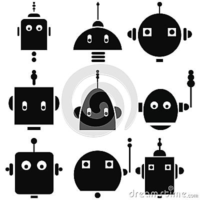 Vintage retro robots heads 2 icons set in black and white Vector Illustration