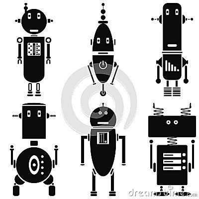 Vintage retro robots icons set in black and white set of 6 ( set B) Vector Illustration