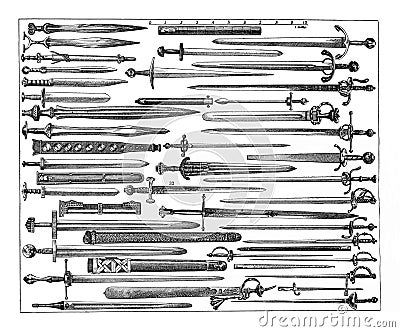 Roman swords collection with names / Antique engraved illustration from from La Rousse XX Sciele Cartoon Illustration