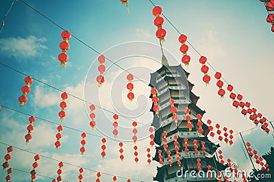 Vintage and retro style pagoda and chinese new year lanterns Stock Photo