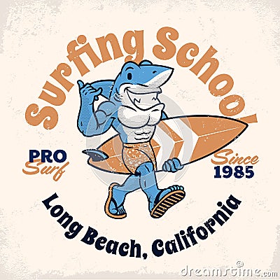 Vintage Retro Surfing Shirt Design With Shark Mascot Vector Illustration