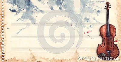 Vintage retro watercolor music sheet violin musical instrument frame background texture grunge backdrop Stock Photo