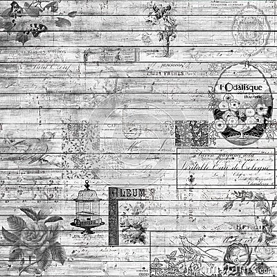 Vintage retro wood and ephemera background collage texture in black and white Stock Photo