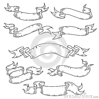 Vintage ribbons. Decorative design elements. Black and white illudtration. Vector Illustration