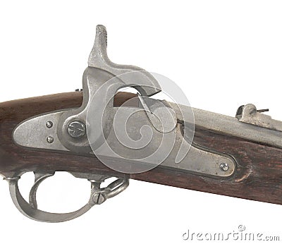 Vintage rife gunlock isolated. Stock Photo