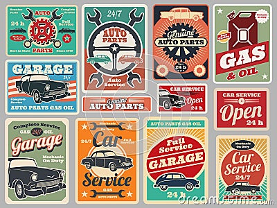 Vintage road vehicle repair service, gas station, car garage vector signs Vector Illustration