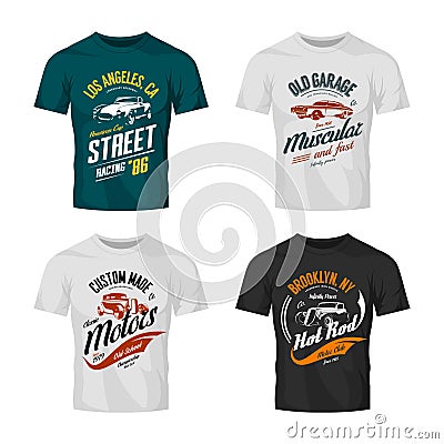 Vintage roadster, custom hot rod and muscle car vector logo t-shirt mock up set. Vector Illustration