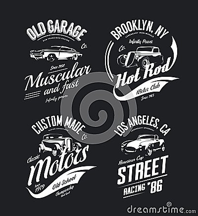 Vintage roadster, custom hot rod and muscle car vector tee-shirt logo isolated set. Vector Illustration