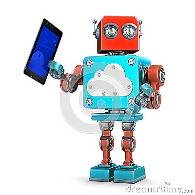 Vintage robot with tablet and cloud symbol. Technology concept. Isolated. Contains clipping path Stock Photo