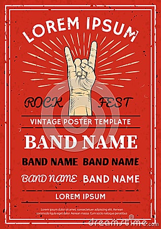 Vintage Rock festival poster, flyer with Rock and Roll hand sign Vector Illustration