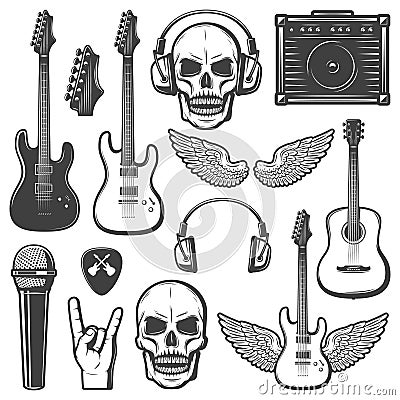 Vintage Rock Music Elements Set Vector Illustration