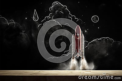 Vintage rocket chalk art on aged chalkboard, perfect for educational displays Stock Photo