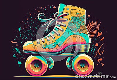 Vintage roller skate illustration. Retro skates. Generative ai Cartoon Illustration