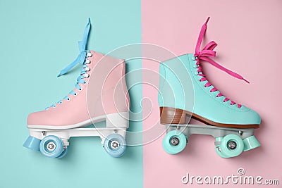 Vintage roller skates on color background Stock Photo