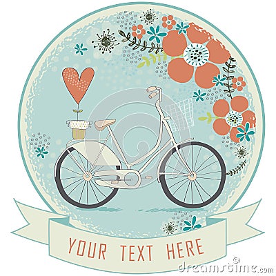Vintage romantic love card.Love label.Retro bicycle with flowers and red heart in pastel colors Vector Illustration