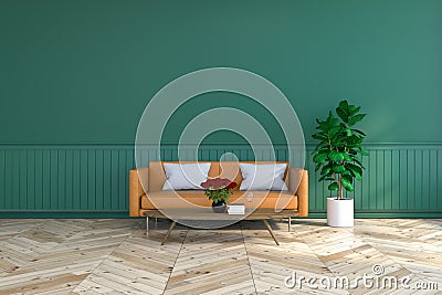 Vintage room interior design, brown leather sofa on wood flooring and deep green wall /3d render Stock Photo