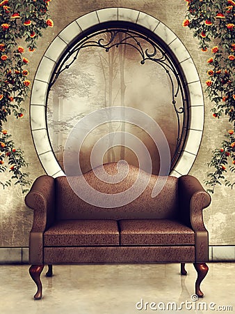 Ornamented window and vintage sofa Stock Photo