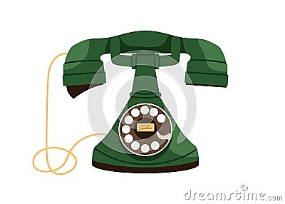 Vintage rotary telephone with round base, turning dial, wire and headset. Old antique desk set phone with disk. Retro Vector Illustration