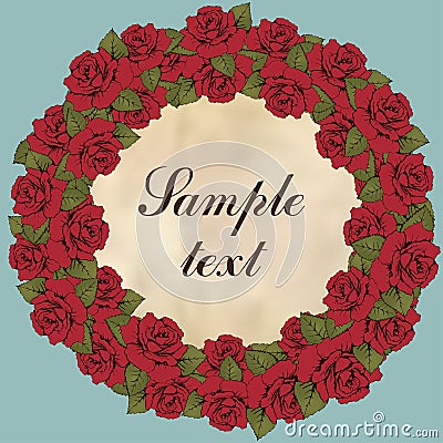 Vintage round frame of rose flower, flower garland. Wreath of red flowers buds, leaves, and label for text, blue background. Illus Vector Illustration