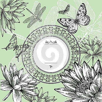 Vintage round frame with water lilies, butterflies Vector Illustration