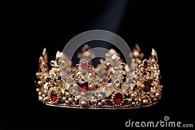 Vintage royal crown, jewellery with emeralds on black background Stock Photo