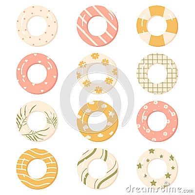 Vintage rubber rings set. Swimming ring. Summer, beach vacation. Inflatable swimming pool toys Vector Illustration