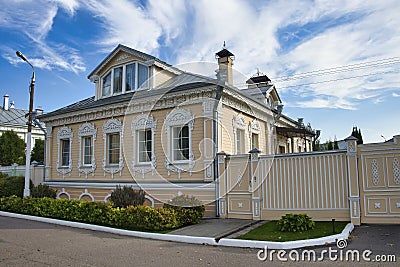 Vintage rural wooden house with ornamental carved windows, frames in Kolomna, Moscow region, Russia. Editorial Stock Photo