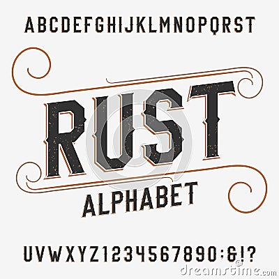 Vintage rust alphabet font. Distressed effect letters and numbers on a bright background. Vector Illustration