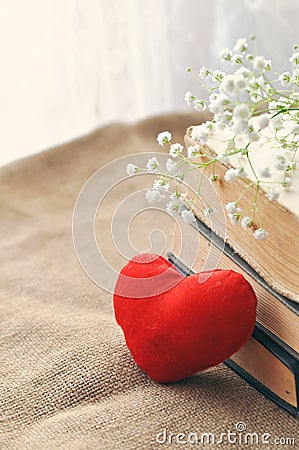 Vintage rustic love card for Valentine`s day-white flowers, yellowed old books and red plush heart on burlap. closeup. tinted. Stock Photo