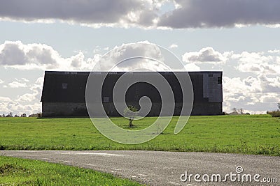 Vintage rustic old barn in a green field Stock Photo