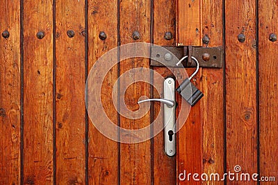 Vintage Rustic Wooden Double Door Or Gate With Opened Padlock Stock Photo