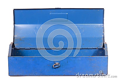 Vintage rusty blue steel tool box isolated Stock Photo