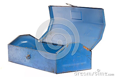 Vintage rusty blue steel tool box isolated Stock Photo