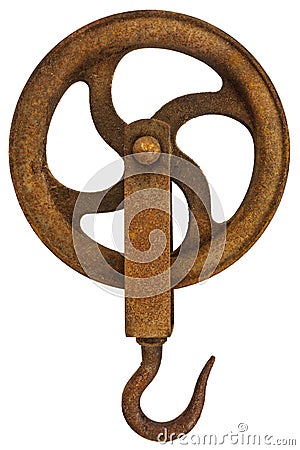 Vintage rusty crane hook isolated on white Stock Photo