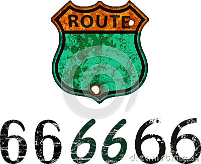 Vintage rusty and distressed road sign,various typefaces for route 66, retro grungy vector illustration Vector Illustration