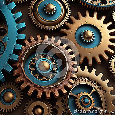 Vintage rusty gears, square steampunk industrial background. Blue and cooper brass cog wheels. Generative AI image Stock Photo