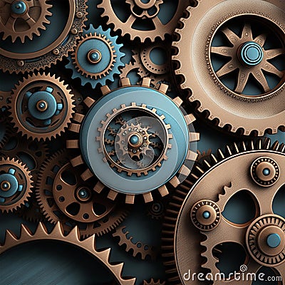 Vintage rusty gears, square steampunk industrial background. Blue and cooper brass cog wheels. Generative AI image Stock Photo
