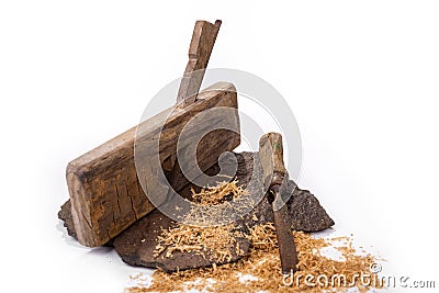 Vintage rusty plane and chisel on a white Stock Photo