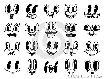 Vintage 50s cartoon and comic happy facial expressions. Old animation funny face caricatures. Retro quirky characters Vector Illustration