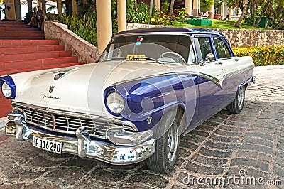 Vintage 1950`s Classic American Cuban Taxi, Metallic Blue and White Editorial Stock Photo