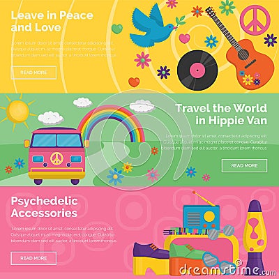 Vintage 1960s hippie retro header banner set Vector Illustration