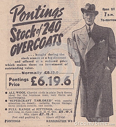 Vintage 1950s newspaper advert - Pontings Coats. Editorial Stock Photo