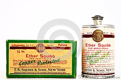 Vintage 1940s Poison 1/4 lb. ETHER SQUIBB For Anesthesia Editorial Stock Photo