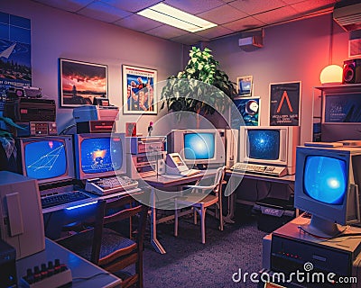 Vintage 90s startup office classic tech posters bulky computers Stock Photo